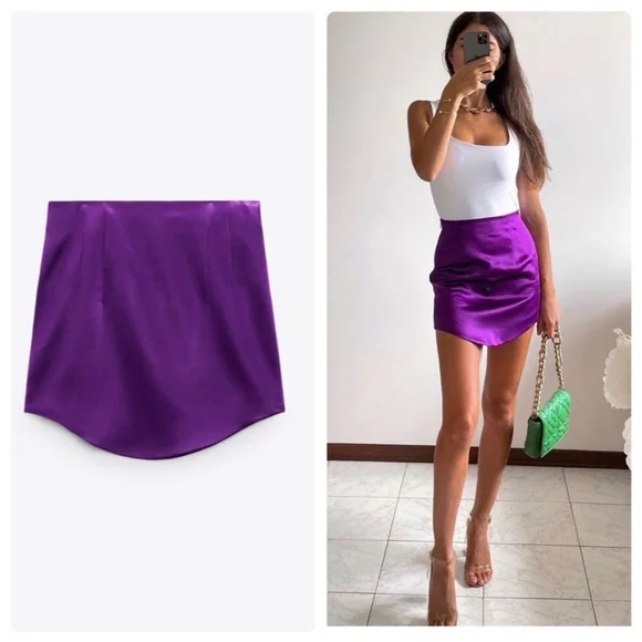 ZARA Purple Satin Effect Mini Skirt Small High Waisted Skirt NWT - Picture 6 of 13